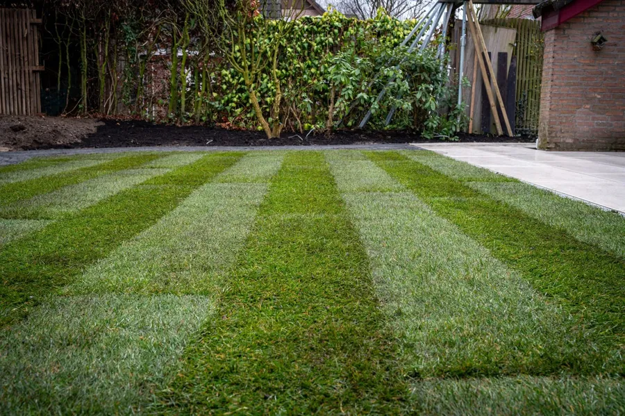 Professioneel aangelegd gestreept gazon door Berkhout Graszoden Noord-Holland